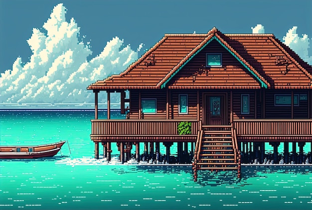 Bungalow pixel art sul paesaggio tropicale del resort sulla spiaggia dell'isola paradisiaca per giochi AI a 8 bit