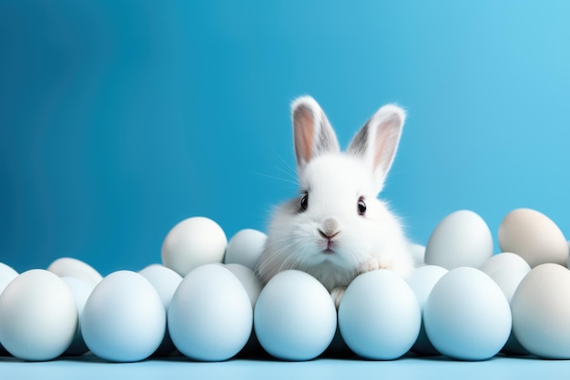 Bunny carino con uova di Pasqua su sfondo blu con spazio di copia ai generato.