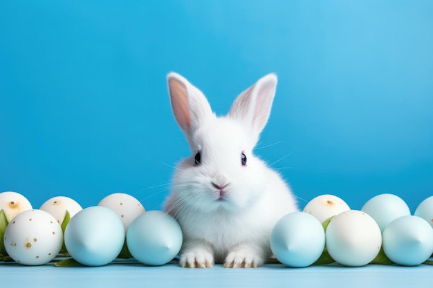 Bunny carino con uova di Pasqua su sfondo blu con spazio di copia ai generato.