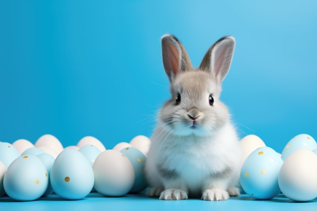 Bunny carino con uova di Pasqua su sfondo blu con spazio di copia ai generato