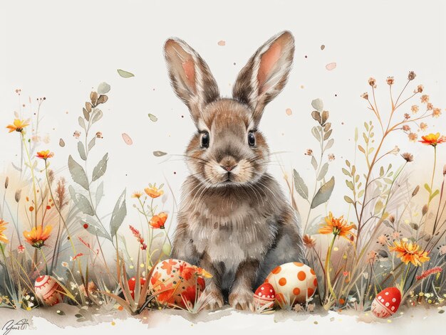 Bunny carino e uova di Pasqua in prato floreale acquerello illustrazione decorativa artistica di Pasqua