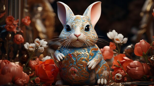 Bunny felice colorato con molte uova di Pasqua sull'erba sfondo festivo per il design decorativo