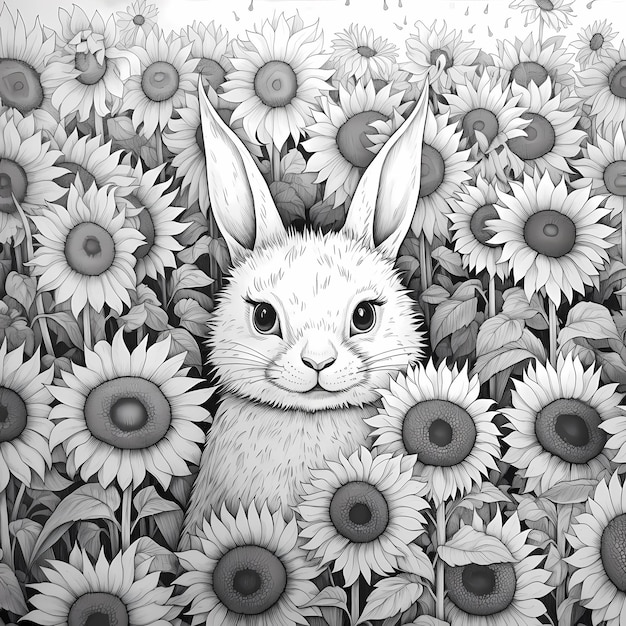 Bunny Hiding in Tall Sunflowers A Crisp Line Art Coloring Book Experience