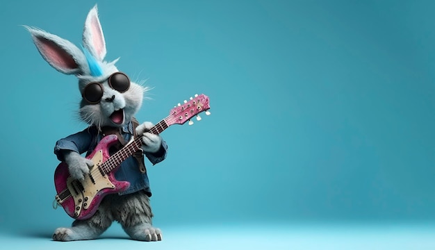 Bunny vestito in stile punk rock suona la chitarra su uno sfondo blu con spazio per la copia AI generato