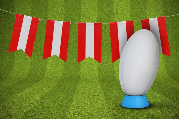 Bunting della bandiera dell'Austria con un pallone da rugby e rendering 3D del campo