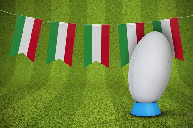 Bunting della bandiera dell'Ungheria con una palla da rugby e rendering 3D del campo