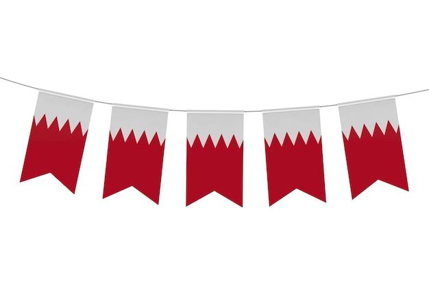 Bunting festivo della bandiera nazionale del Bahrain su uno sfondo bianco semplice Rendering 3D