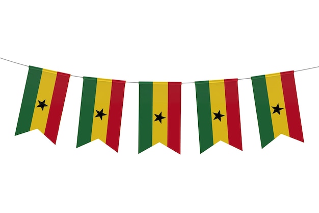 Bunting festivo della bandiera nazionale del Ghana su uno sfondo bianco semplice Rendering 3D