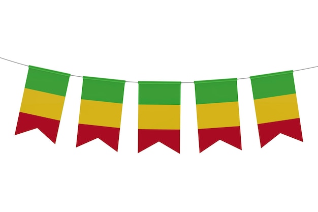 Bunting festivo della bandiera nazionale del Mali su uno sfondo bianco semplice Rendering 3D