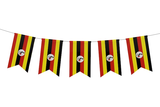 Bunting festivo della bandiera nazionale dell'Uganda su uno sfondo bianco semplice Rendering 3D