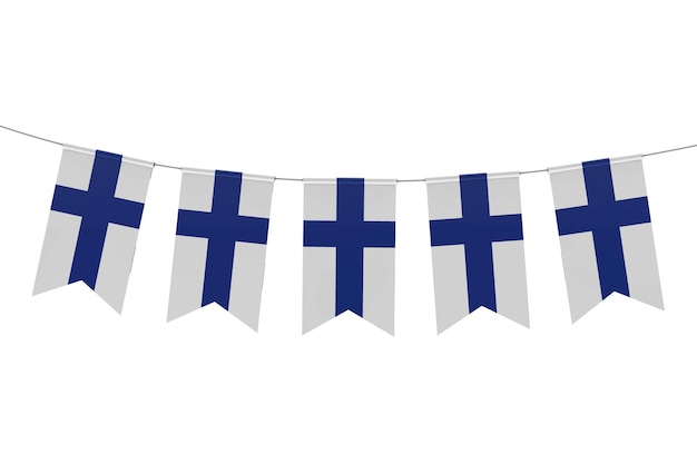 Bunting festivo della bandiera nazionale della Finlandia su uno sfondo bianco semplice Rendering 3D