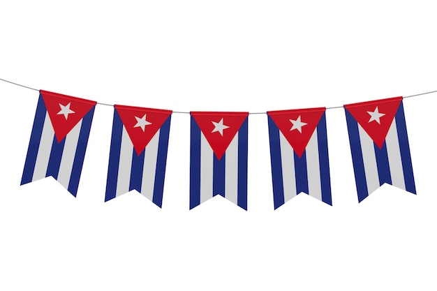 Bunting festivo della bandiera nazionale di Cuba su uno sfondo bianco semplice Rendering 3D