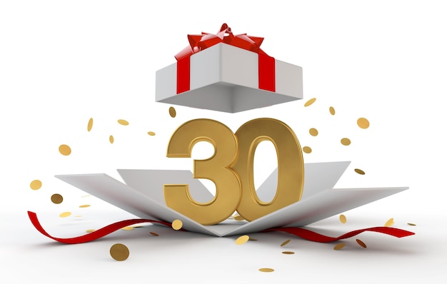 Buon 30° compleanno scatola a sorpresa d'oro con nastro rosso Rendering 3D