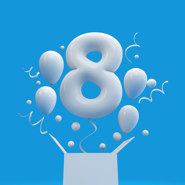 Buon 8° compleanno palloncino a sorpresa e scatola Rendering 3D