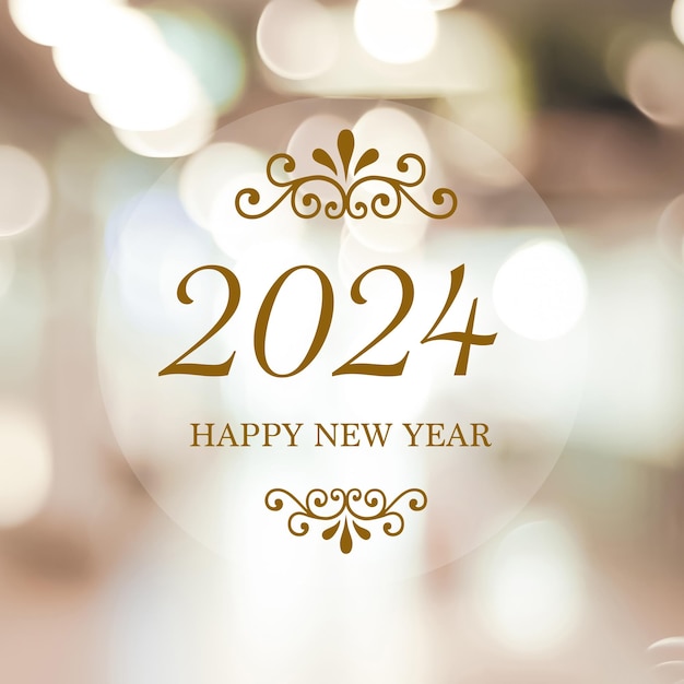 Buon anno 2024 su sfocamento astratto sfondo bokeh cartellino di auguri per il nuovo anno