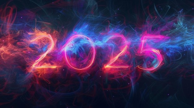 Buon anno 2025 numero di tipografia al neon rosa brillante su sfondo blu scuro