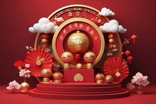 buon anno cinese tema asiatico esposizione del prodotto podio palla d'oro e nuvola d'oro su sfondo rosso