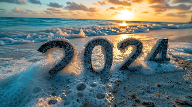 Buon anno e Buon Natale testo 2024 sulla spiaggia al tramonto