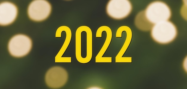 Buon anno. numero 2022 con luce bokeh sfocata astratta su sfondo verde, conto alla rovescia fino al 2022, vacanze di natale, congratulazioni, festa di capodanno, concetto di sfondo di buon natale