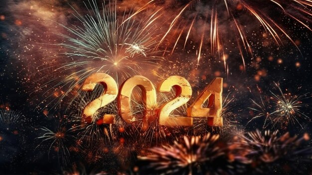 Buon anno nuovo 2024 con i fuochi d'artificio sullo sfondo