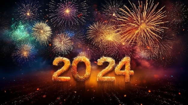 Buon anno nuovo 2024 con i fuochi d'artificio sullo sfondo
