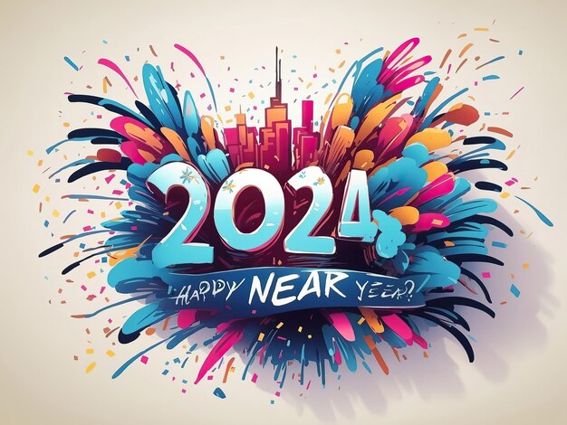 Buon anno nuovo 2024 Disegno festivo con decorazioni natalizie palle strisce e ghirlande