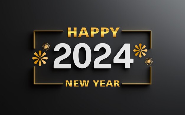 Buon anno nuovo 2024 numeri d'oro con palloncino e fuochi d'artificio su sfondo blu