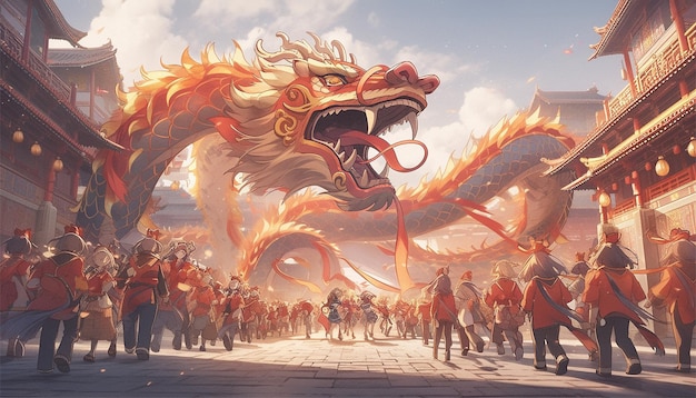 Buon anno nuovo cinese 2024 il segno zodiacale del drago con fiori lanterne elementi asiatici taglio di carta d'oro