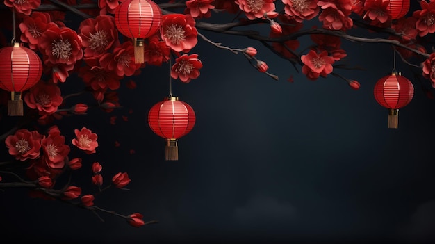 Buon anno nuovo cinese 2024 Rami di Sakura in fiore contro con lanterne cinesi
