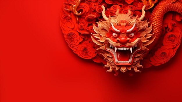 Buon anno nuovo cinese il segno zodiacale del drago con elementi asiatici in carta tagliato in stile su colore rosso