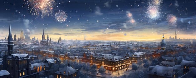Buon anno nuovo città innevata con fuochi d'artificio