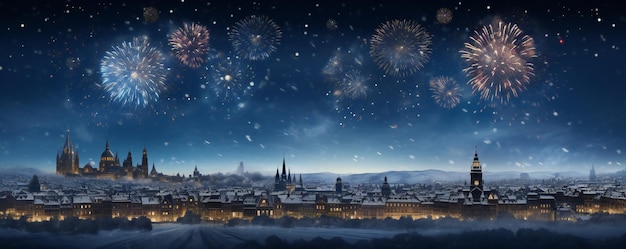 Buon anno nuovo città innevata con fuochi d'artificio