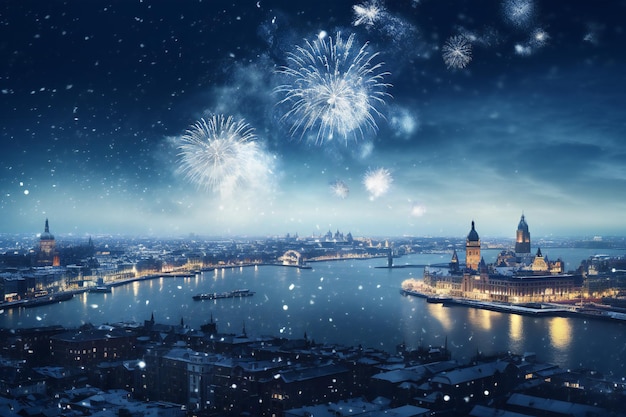 Buon anno nuovo città innevata con fuochi d'artificio