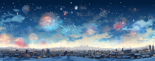 Buon anno nuovo città innevata con fuochi d'artificio