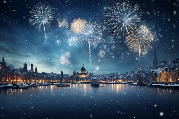 Buon anno nuovo città innevata con fuochi d'artificio