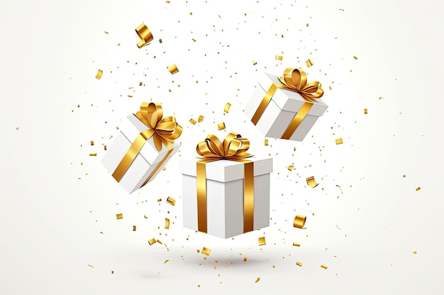 Buon Anno Nuovo e Buon Natale 2024 scatole regalo bianche con fiocchi dorati e coriandoli di paillettes dorate su sfondo bianco
