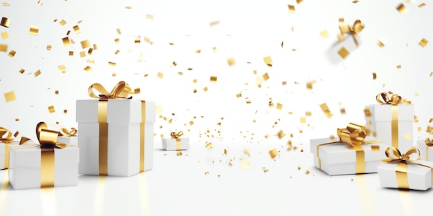 Buon anno nuovo e Buon Natale scatole regalo bianche con archi d'oro e paillettes Generative Ai