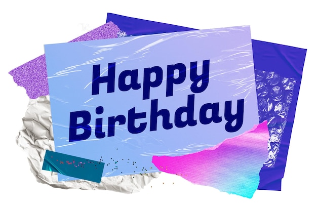 Buon compleanno adesivo png tipografia collage di carta estetica sfondo trasparente