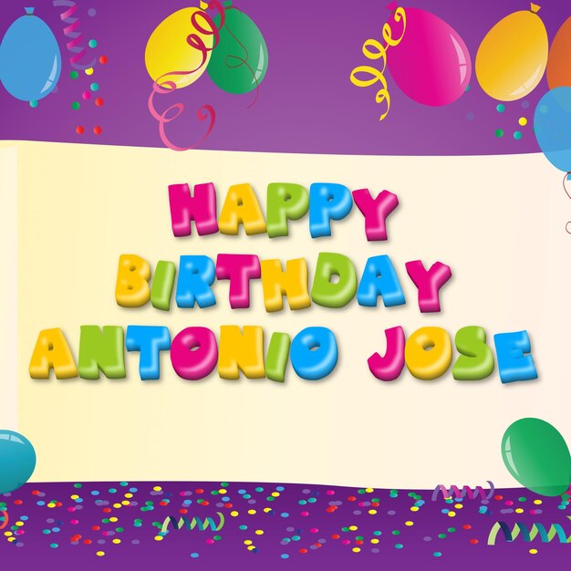 Buon compleanno Antonio Jose Gold Confetti Cute Balloon Card Foto Testo Effetto