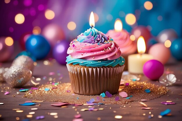 Buon compleanno cupcake su sfondo colorato luccicante Luce di candela
