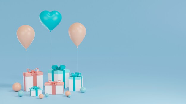 Buon compleanno design con confezione regalo, palloncino su blackground blu. Rendering 3D