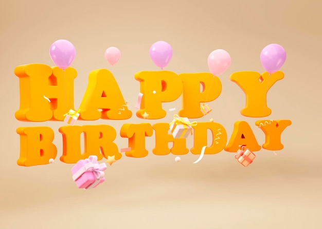 Buon compleanno lettering colori gialli con palloncini e scatole regalo e coriandoli su sfondo beige