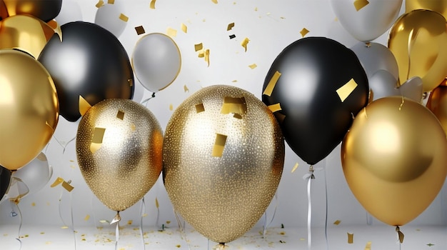 Buon compleanno palloncini d'oro e d'argento con coriandoli