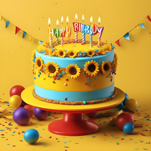 Buon compleanno torta con candele palloncini e confetti su sfondo giallo.