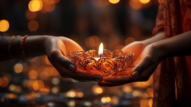 Buon Diwali con la luce di Diya in mano