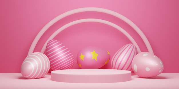 Buon espositore per prodotti pasquali Podio pasquale su sfondo rosa pastello rendering 3D