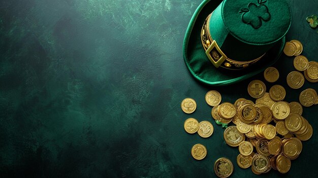 Buon giorno a San Patrizio con uno sfondo verde leprechaun pieno di monete d'oro