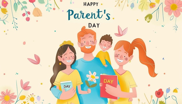 Buon giorno ai genitori Sorriso Illustrazione artistica del personaggio con sfondo floreale modello di carta regalo