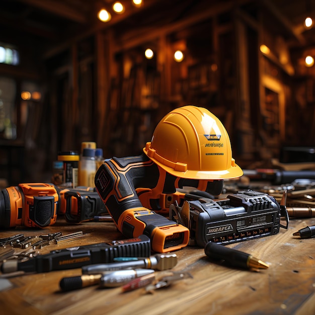 Buon giorno al lavoro Progetto casco e utensili a mano sul tavolo generato dall'AI