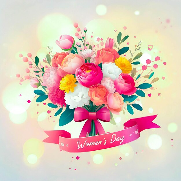Buon giorno delle donne sfondo bokeh con bouquet per il giorno delle donne